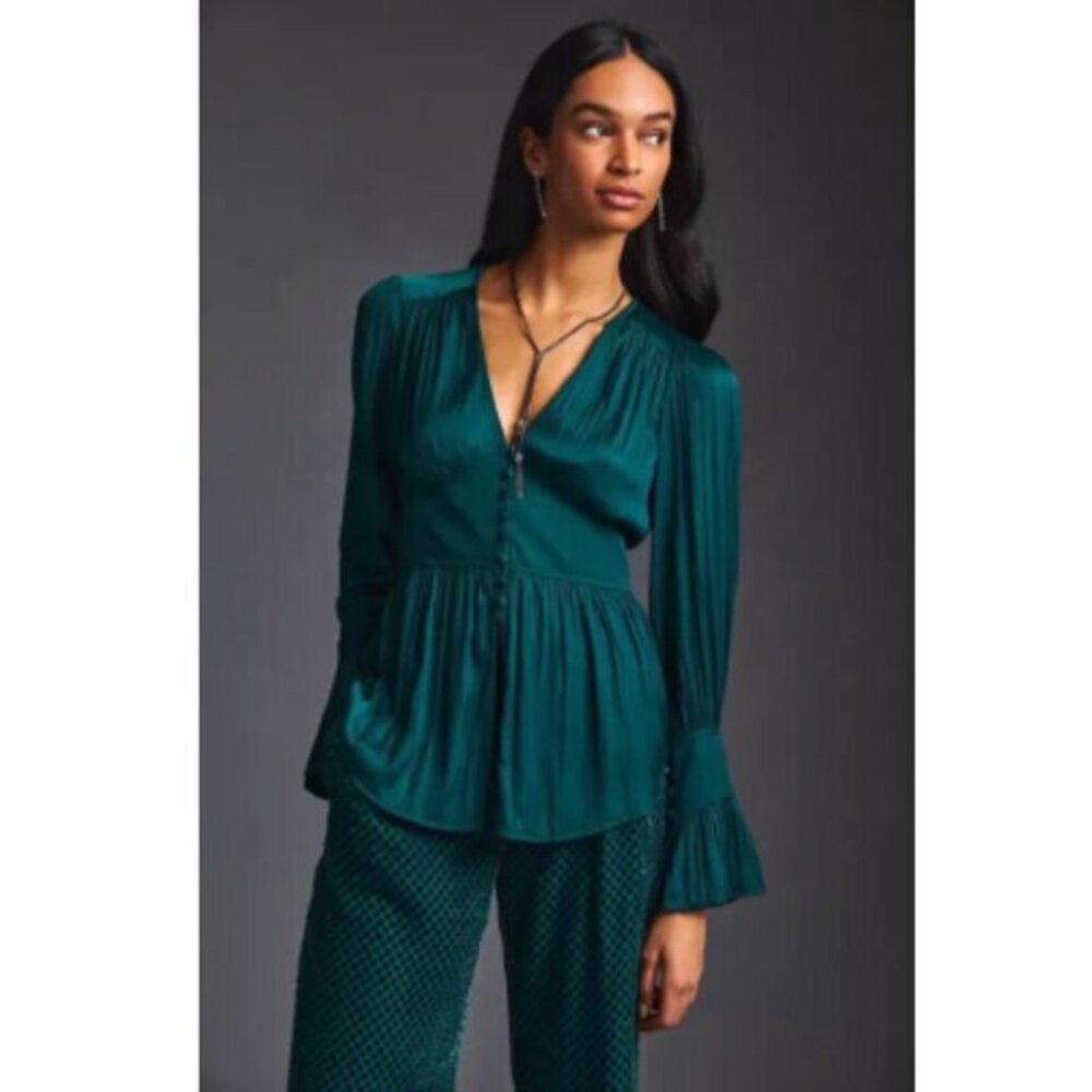 NWT Anthropologie Deep-V Tunic Blouse Teal $98 XS